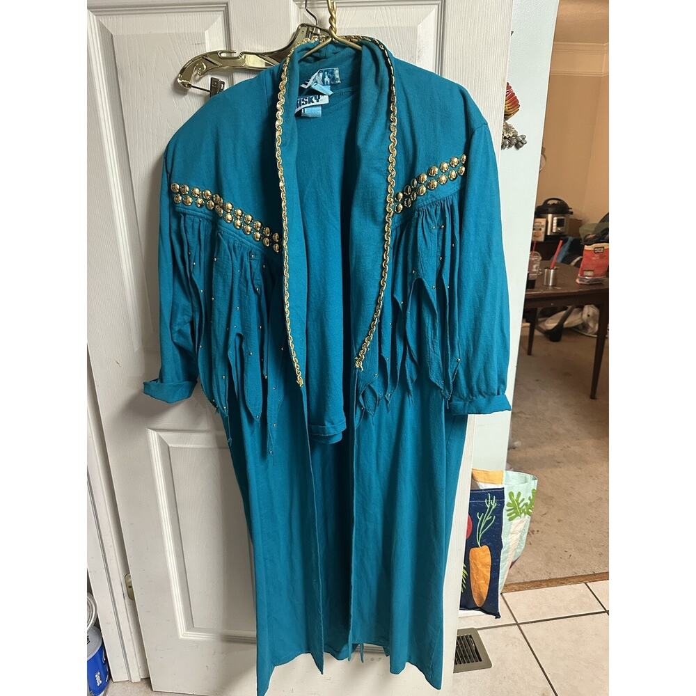 VNT 90s fringe open cardigan Teal Green Oversized Studded Jacket Gold XL Western